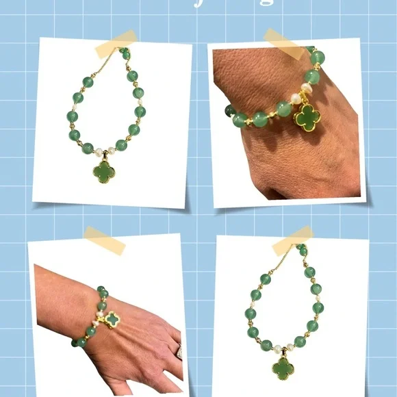 New Jade Clover Beaded Bracelet with Gold Brass Accents - Picture 1 of 3